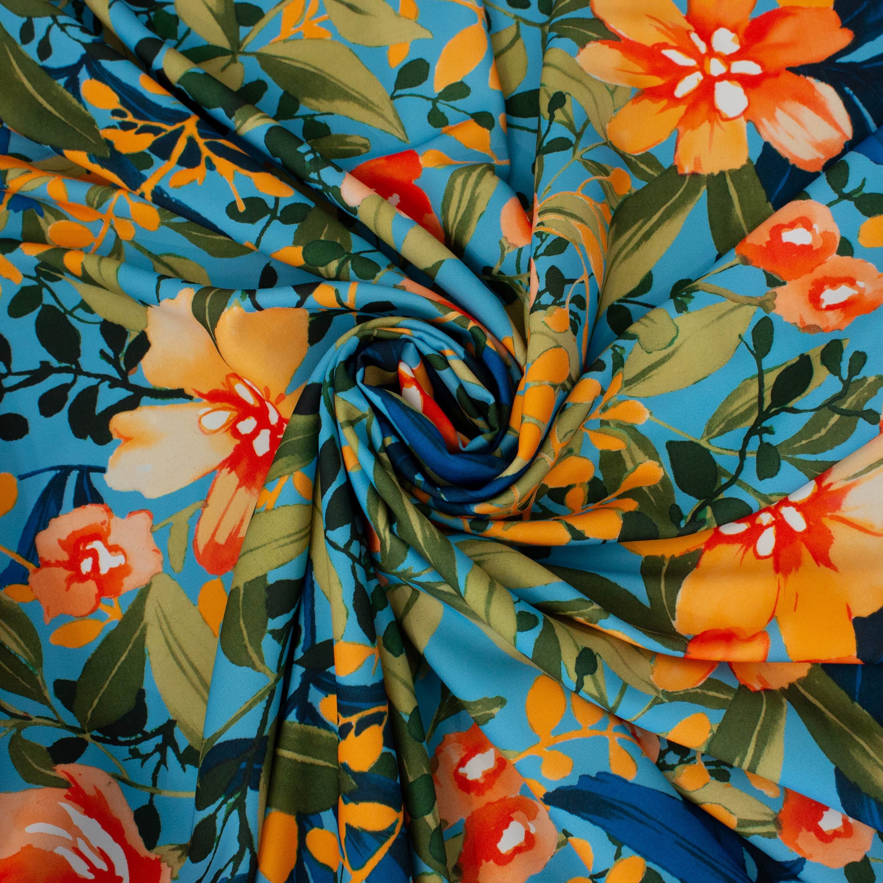 Polyester blauw met oranje bloemen
